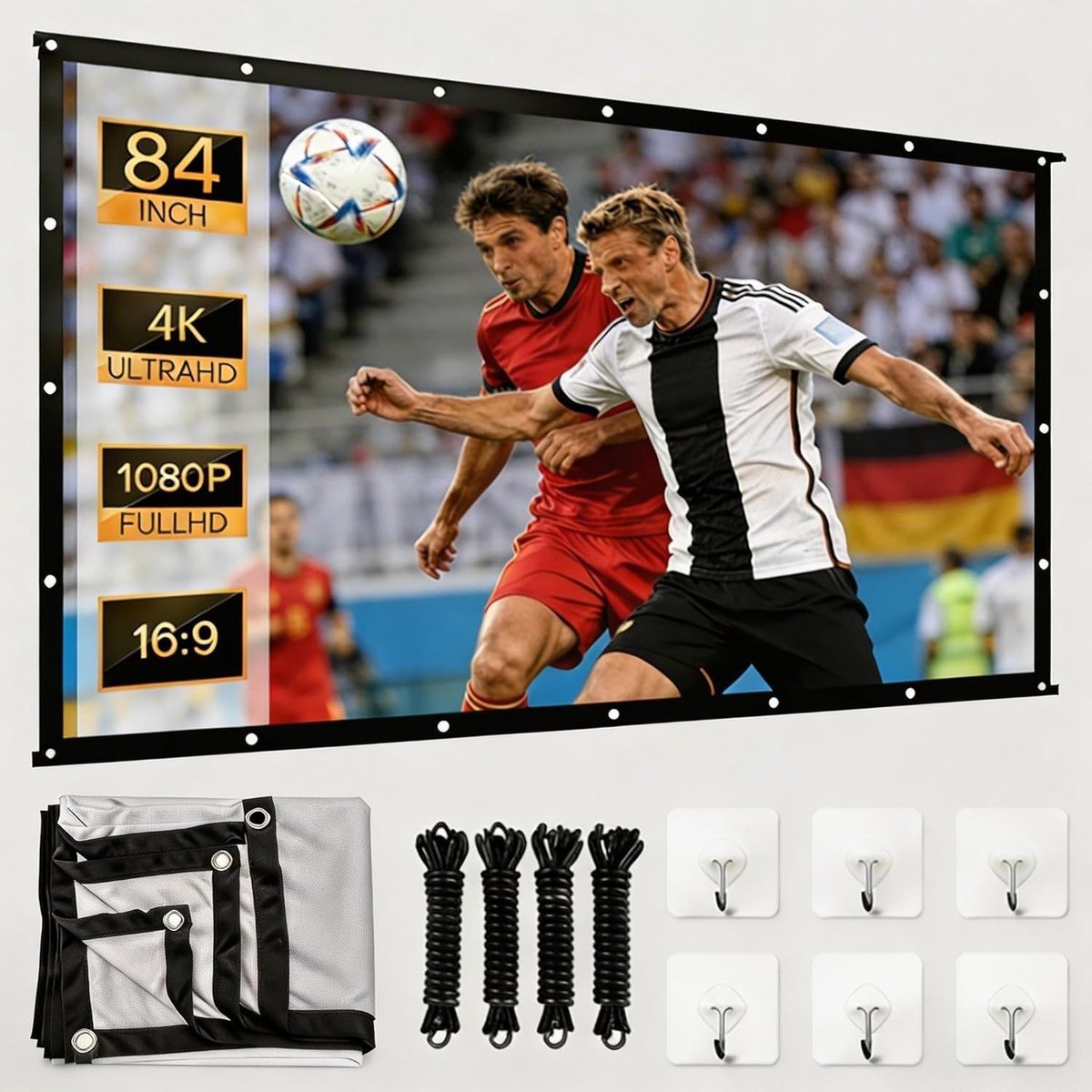 Groot 84 inch projectiescherm, 4K HD scherm met 16:9 formaat, draagbaar en vouwbaar voor thuisbioscoop en buitengebruik