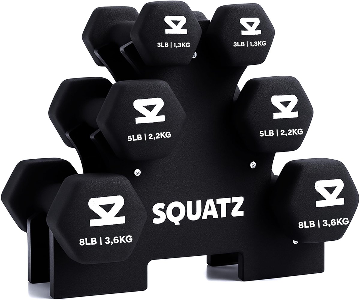 SnelShoppen - Haltergewichten Set 14,5 kg Neopreen Gecoate Zeskant Gewichten met Standaard in Grijs, Zwart en Oranje - Antislip Rolhalters voor Fitnes