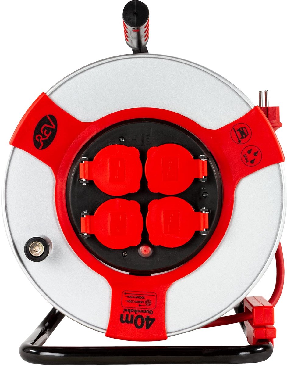 SnelShoppen - REV Kabelhaspel EX 40m H07RN IP44 3000W Verlengkabel Buiten met 4 Geaarde Stopcontacten Rood voor Tuin Camping Feest