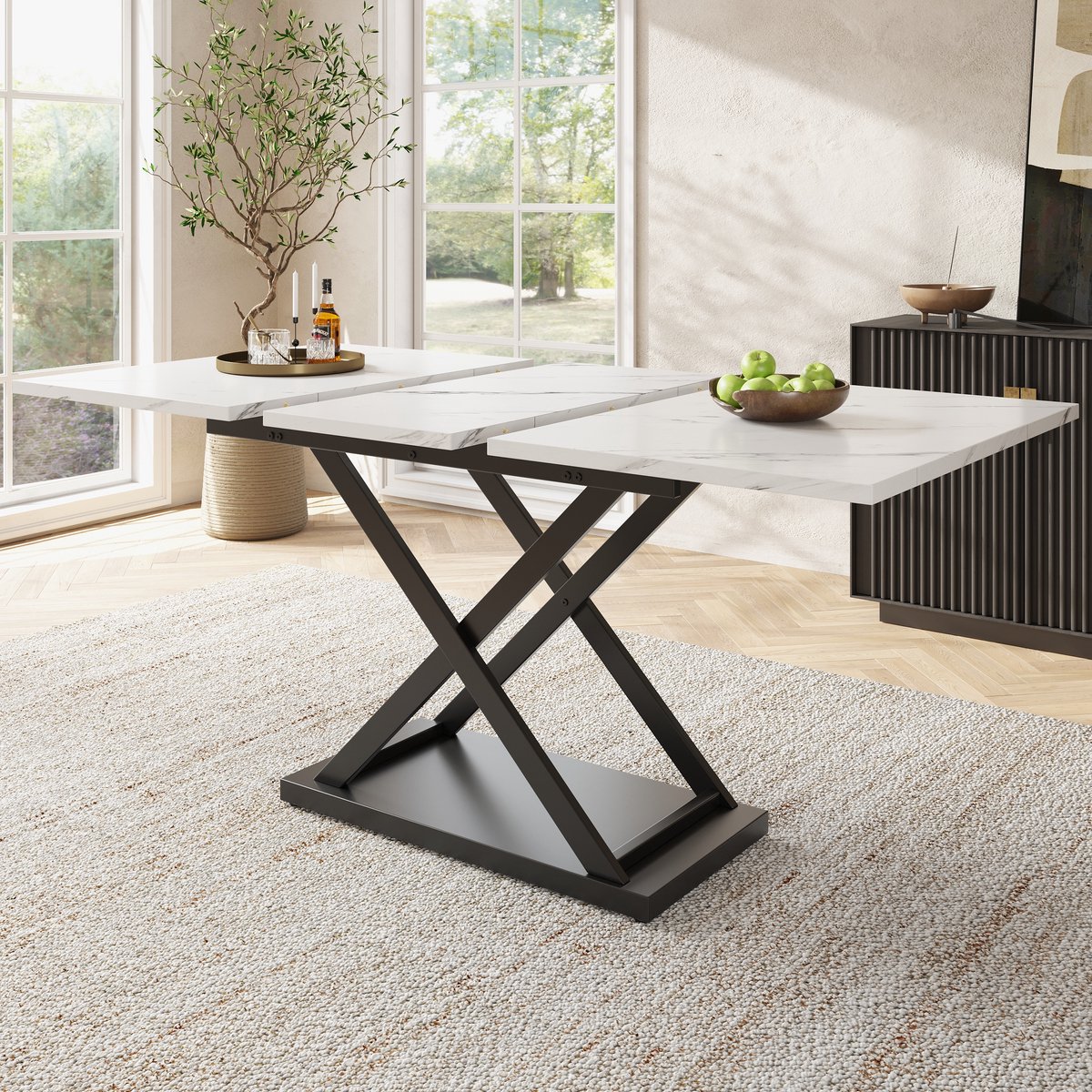 COVREO Eettafel 120-160x80x75 cm – wit marmerlook fineer, zwart metalen X-onderstel, uitschuifbaar