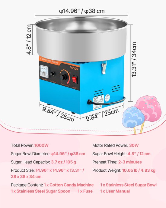 VEVOR 1000W Elektrische Snoep Floss Maker, 38cm Katoenen Snoep Machine (Blauw) — afbeelding 3