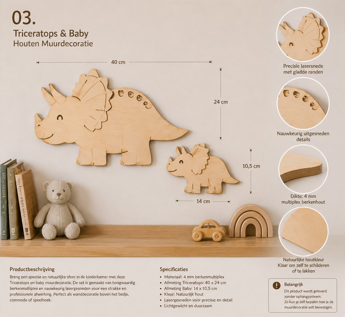 Houten Triceratops Muurdecoratie met Baby – Dino Wanddecoratie Kinderkamer – Berkenmultiplex