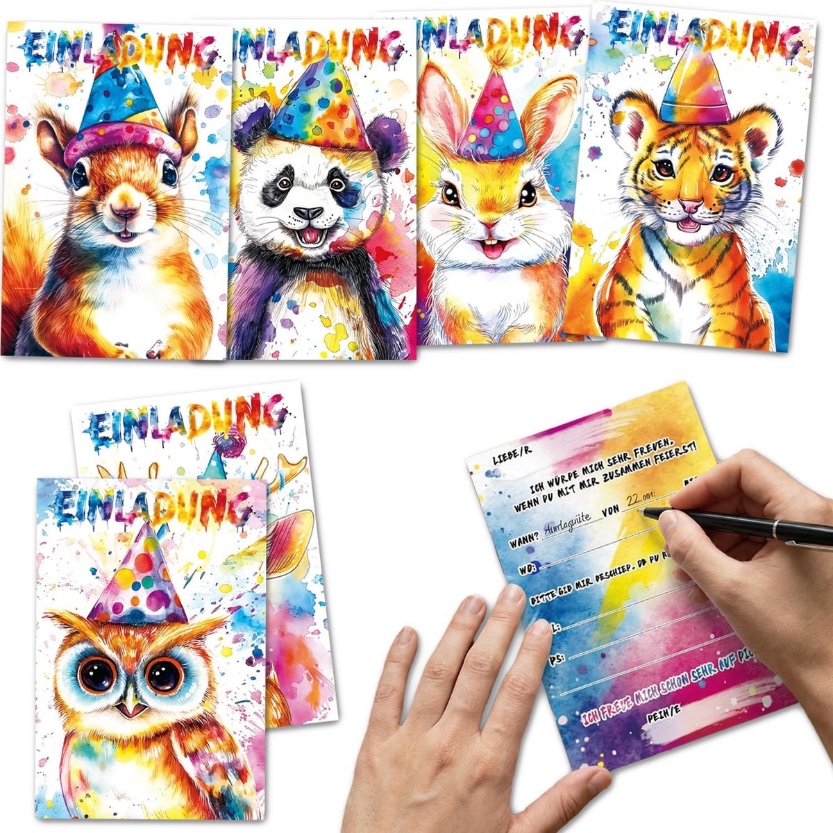 SnelShoppen - 12 stuks uitnodigingskaarten dieren - verjaardagskaarten met panda, konijn, eekhoorn, tijger, uil, hert - perfect voor kinderen - schatt