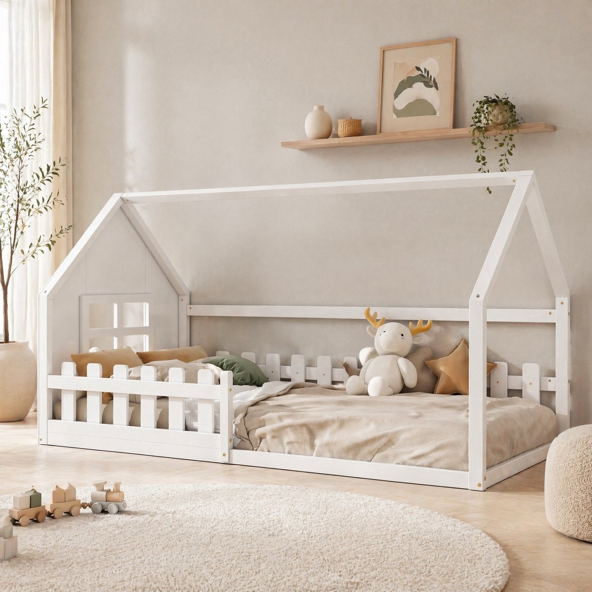 COVREO Kinderbed 204 x 96,5 x 113,8 cm – wit, grenenhout en MDF, huisvorm met lattenbodem