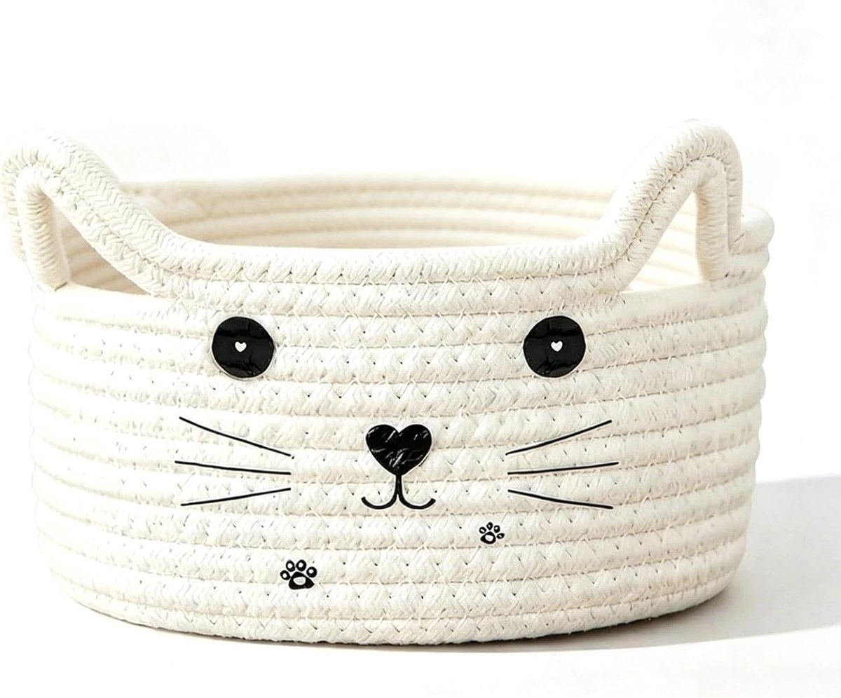 Gevlochten Katoenen Opbergmand met Kattenontwerp - 21 x 12 cm - Decoratieve Opbergbox voor Speelgoed, Cosmetica en Handdoeken - Handgeweven Organizer voor Kinderkamer en Badkamer