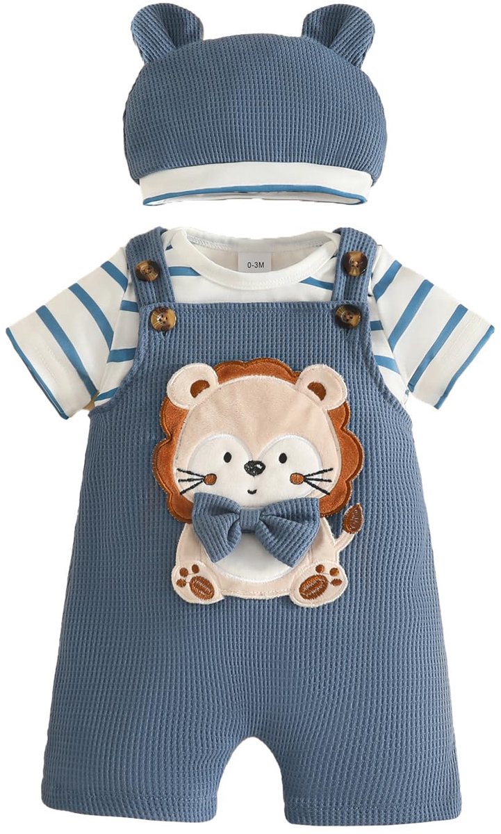 SnelShoppen - 3-delige baby jongens kledingset gestreepte korte mouwen tops + dierenprint overall broek + muts, pasgeboren outfitset voor 0-3 maanden,