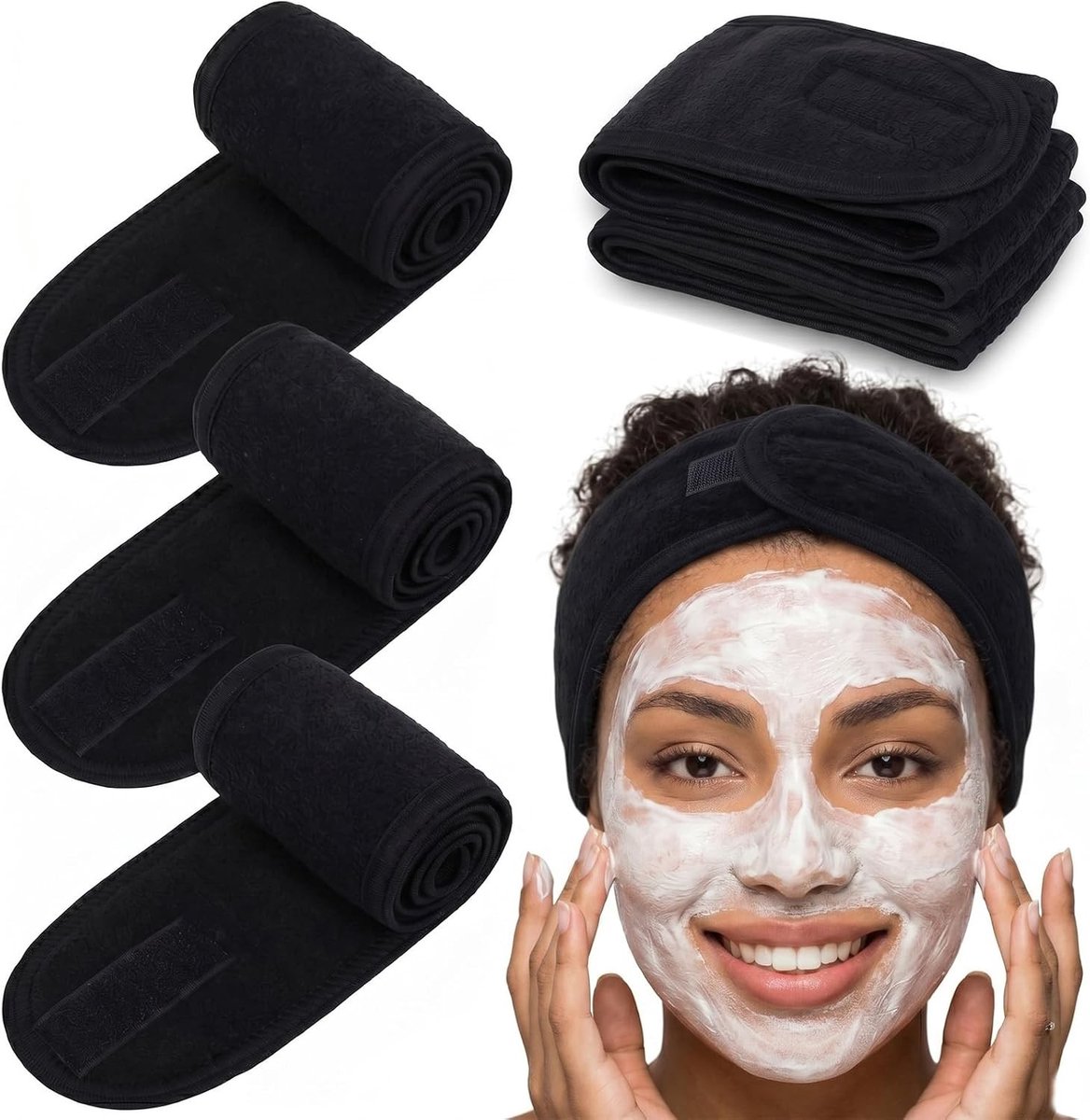 Zachte en verstelbare cosmetische haarband van badstof en microvezel voor make-up en gezichtsreiniging - 3 stuks in zwart, ideaal voor yoga en sport