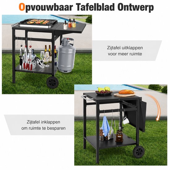 Buitenkeuken op Wielen - BBQ Trolley - Met Opbergkast & Planken - Werktafel voor Buiten - Staal, roestvrij staal, kunststof - Multifunctioneel - Zwart — afbeelding 3