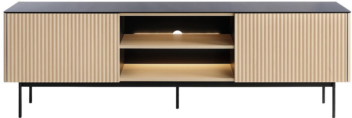 Vente-unique Tv-meubel 2 deuren en 2 nissen met ledverlichting in MDF en gerookt glas - Naturel licht en Zwart - SAYERA Zwart, Natuurlijk licht
