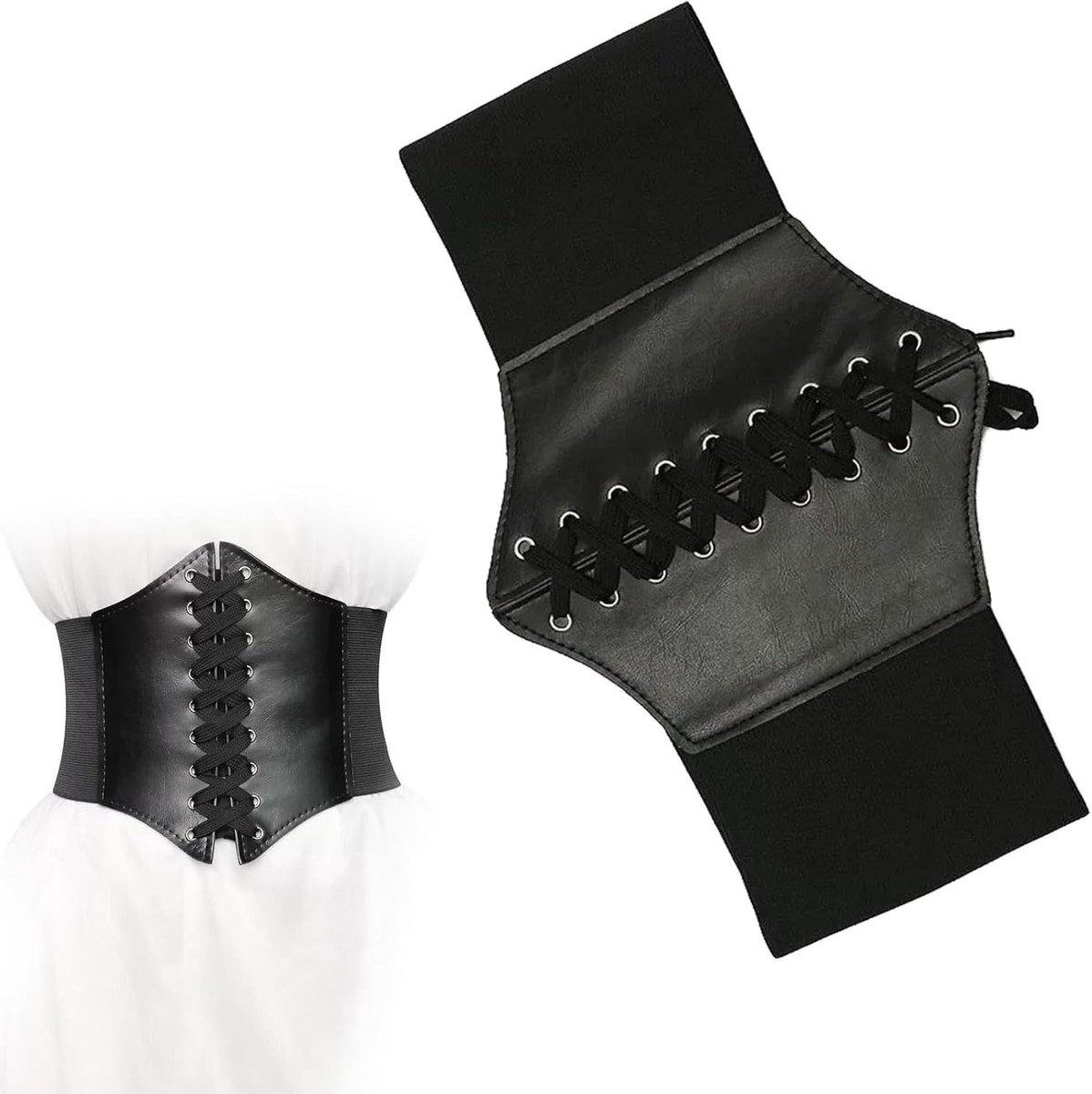 Zwart Piraten Leren Corset voor Dames met Ribbons en Retro Elastische Riem, Ideaal voor Kostuums en Avondjurken