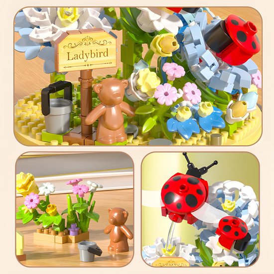 Close-up van micro mini blokjes met lieveheersbeestjes, bloemen en teddyberen.