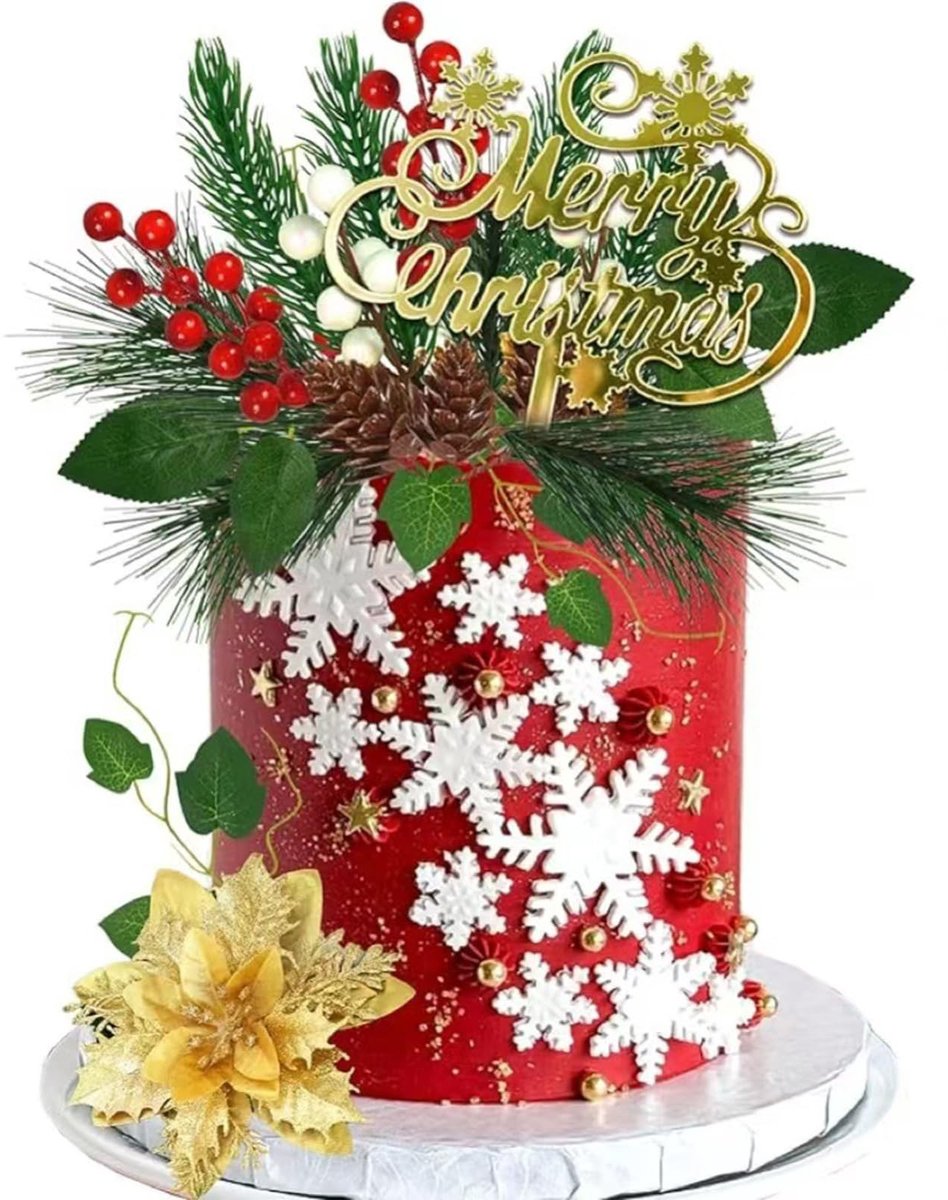 Dailygoods - 15 Stuks Kersttaartdecoraties - Rode Bessen en Dennentakken voor Feestelijke Taarten