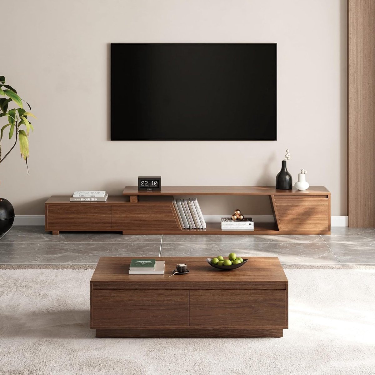 Salontafel 120x60x35 cm met 4 Laden en Opbergruimte - Rechthoekige Walnoot Koffietafel van Hout - Mid Century Moderne Woonkamertafel - Walnootkleur - Mobili Bella