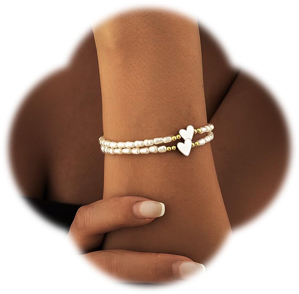 Dailygoods- Damesparelarmband - 14K Hartjesarmband - Verstelbare Kralenarmband - Natuurlijke Gekweekte Parels - Tijdloos Accessoire - Elegante Design