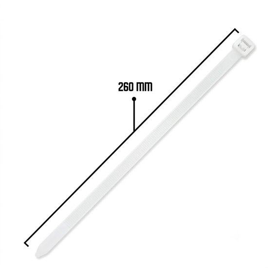 Witte kabelbinder van 260 mm lengte.