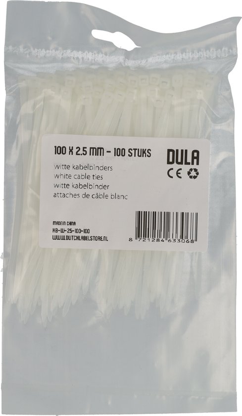 Verpakking met 100 witte kabelbinders van DULA, 100 x 2,5 mm.