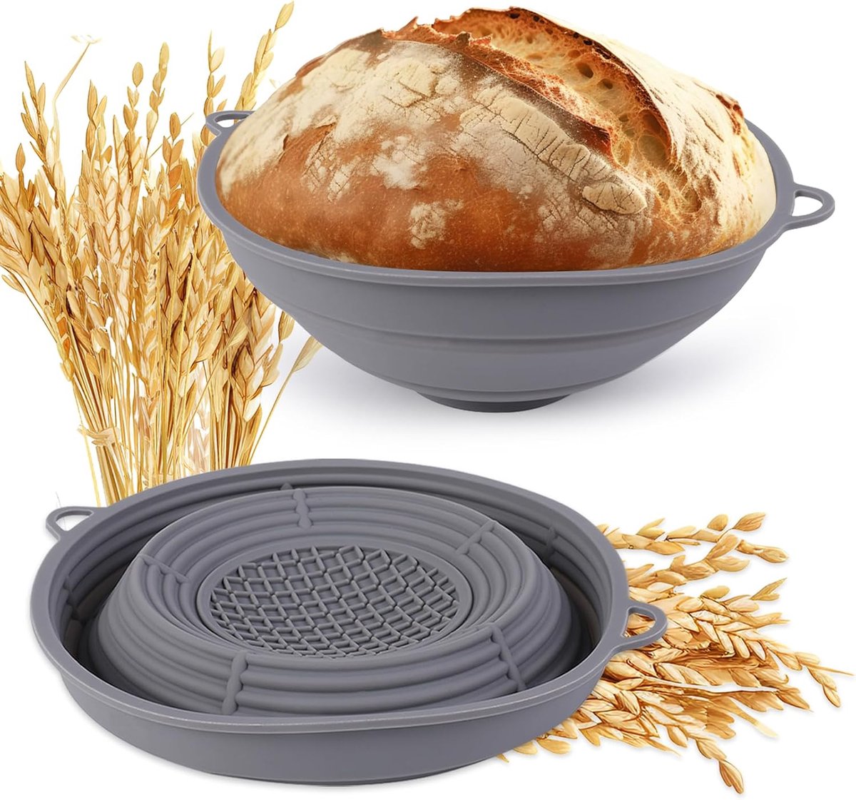 Broodbakvormset - Rijsmand met rooster - Zelf brood bakken - BPA-vrij en hittebestendig - 26 cm diameter - Grijs