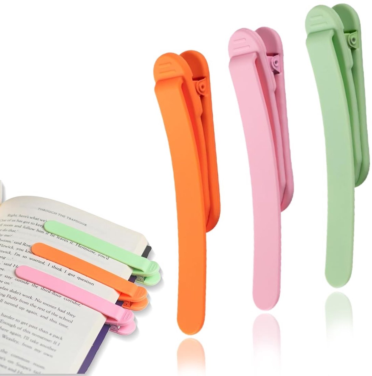 Dailygoods - Bladwijzerklem, 3 stuks, kleurrijke boekenlegger voor leesliefhebbers, siliconen boeken, leraren, studenten, mannen en vrouwen (groen, oranje en roze)