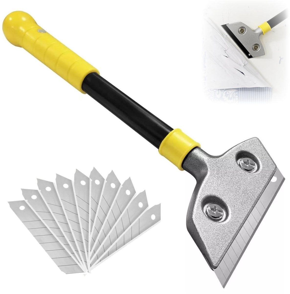 Dailygoods- Behangschraper met 10 Messen - Vloerschraper met Rubberen Handgreep - Raamschraper met Knock-outfunctie - Verwijderaar voor Verf/Stickers - Hoogwaardige Aluminiumlegering - Scherpe Koolstofstalen Lemmet - Schraper