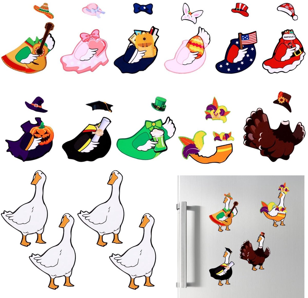 Dailygoods- Koelkastmagneet 15 Stuks - Veranda-Gans - Vrolijke Feestkleding - Decoratie - Magneten voor Koelkast - Hoogwaardig PVC
