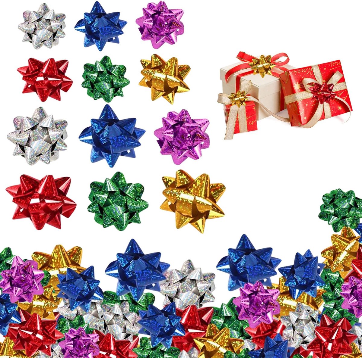 Dailygoods - Trekstrikken voor Geschenkverpakking Kerstcadeau Strikken Set – 100 Stuks Zelfklevende Mini Cadeaulinten – Metaalkleurig – 3,8 cm & 5 cm – Gemengde Kleuren
