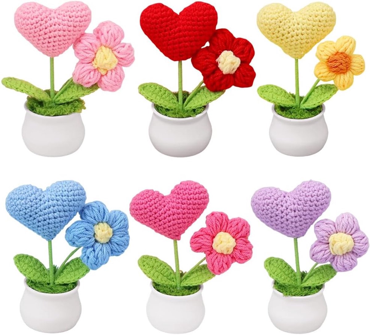 Gehaakte bloemen - Handgemaakte decoratie - Bureau decoratie - Blijvende schoonheid - 6 st