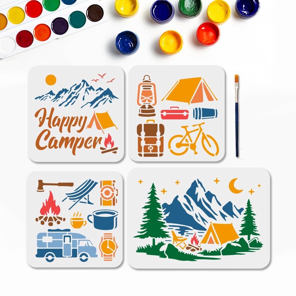 Dailygoods- Stencils Herbruikbaar Camping Thema - Sjablonen voor Buiten - 29,7x21/20x20cm - Verf Sjablonen - Decor voor Vloer/Muur - Creatief Doe-Het-Zelf plezier