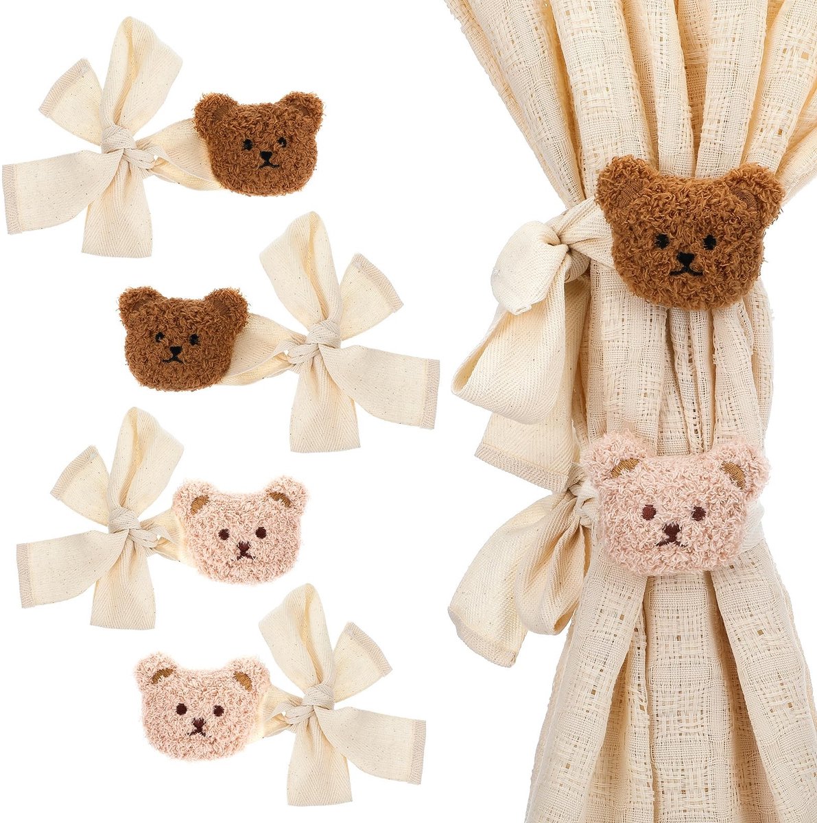 Gordijnbanden met teddybeermotieven - set van 4 - beige en bruin - polyester en katoen - 6,3 x 7,2 cm