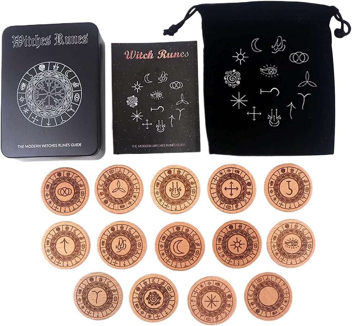 Runen Set - Wichelarij Stenen - Spirituele Verkenning - Natuurlijk Hout - 14 Stuks - Natuurlijk
