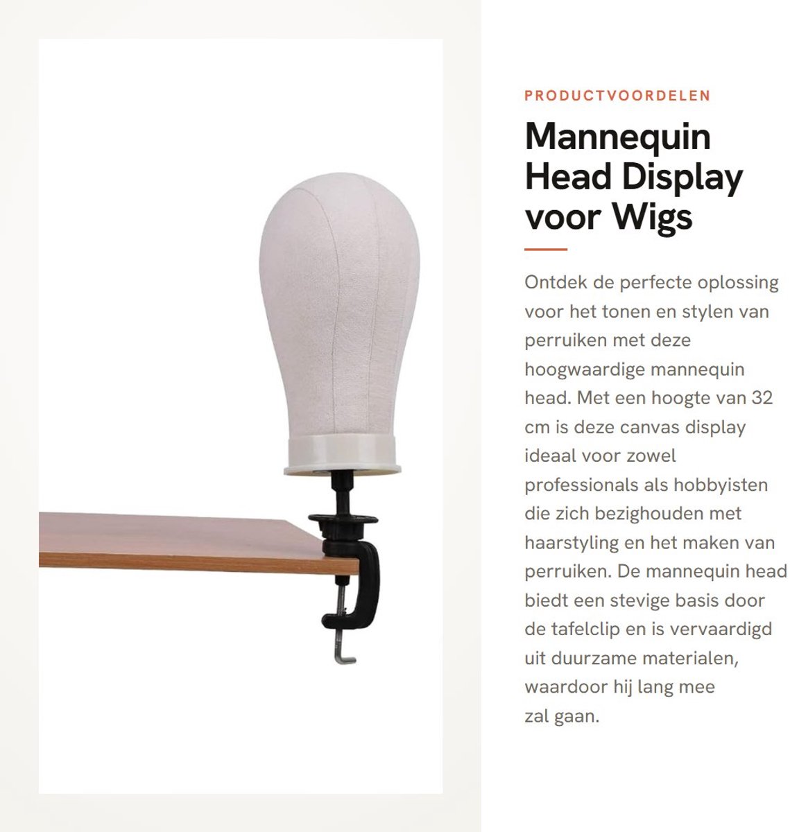 Dailygoods- Mannequin Hoofd 32cm - Oefenhoofd - Tafelklem - Pruiken Display - Canvas - Hoogwaardige Materialen - Pruikdisplay