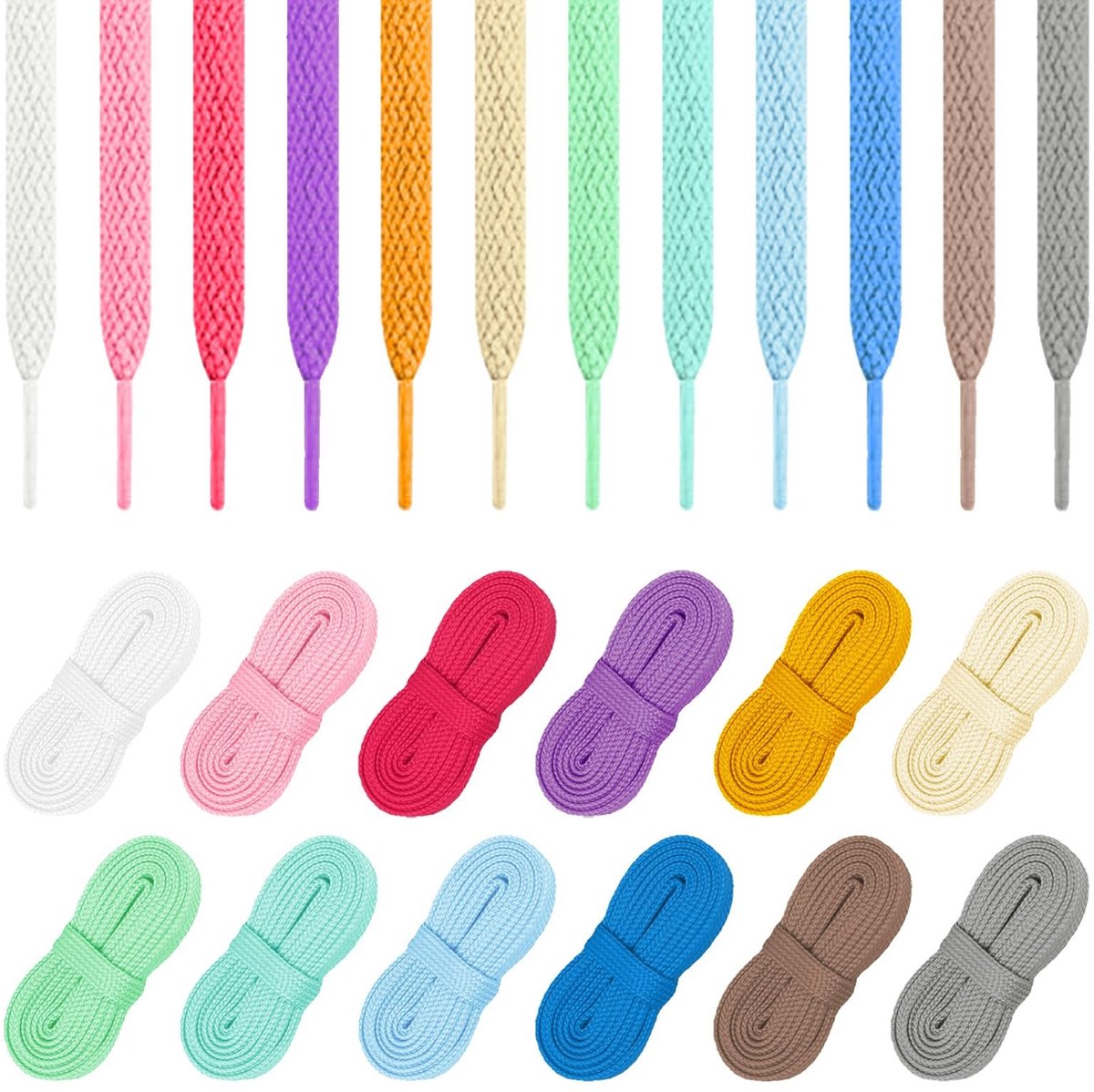 Dailygoods- Veters 120 cm - Kleurige Veters - Dubbele Laag - Platte Veters - 12 Paar - Duurzaam Polyester - Schoenveters