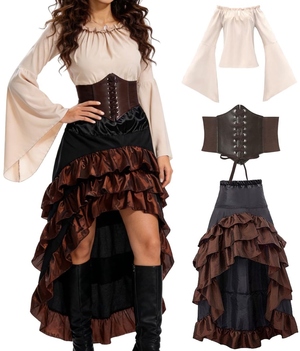 Dailygoods- Piratenkostuum Dames - 3-delige Set - Middeleeuwse Jurk - Elastisch Korset - Rok - Comfortabel Ontwerp - Carnavalskostuum
