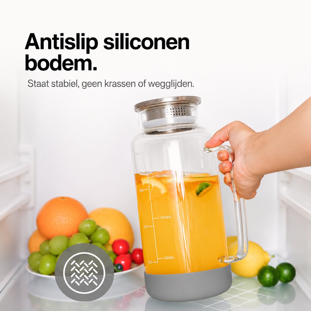 BOTC Karaf van glas - 2L - IJstheekan - Antislip - Siliconen bodem en nauwkeurige Schaalverdeling - voor Koelkast - Grijs — cadeau in Koken & Dineren - foto 3