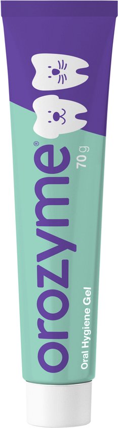 Orozyme mondhygiëne gel, 70g, paars-mintgroene tube met tandjes en kattenkopjes.