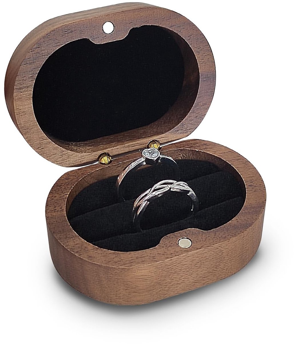 Dailygoods - Ringendoosje met 2 sleuven, houten ringendoosje met magnetische sluiting, ovaal sieradenetui voor verloving, bruiloft, voorstel, jubileum (zwart)