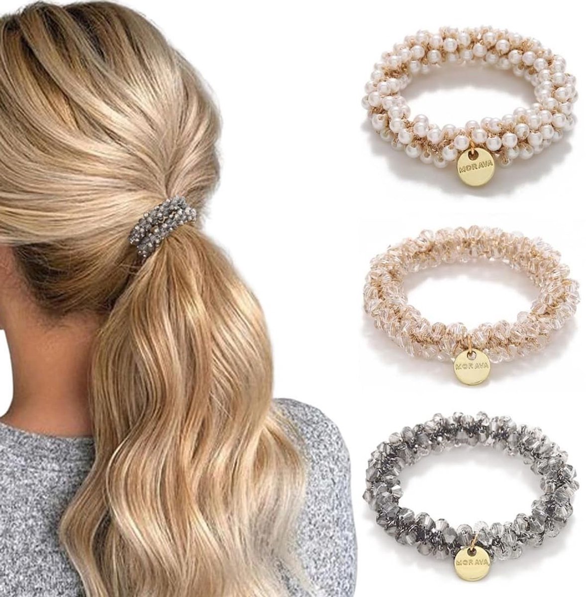 Dailygoods- Haarelastiekjes 3 Stuks - Zacht/Dik/Elastisch - Haaraccessoires Dames - Haarspelden Meisjes - Kunstmatige Parels - Elegant en Duurzaam - Haarband