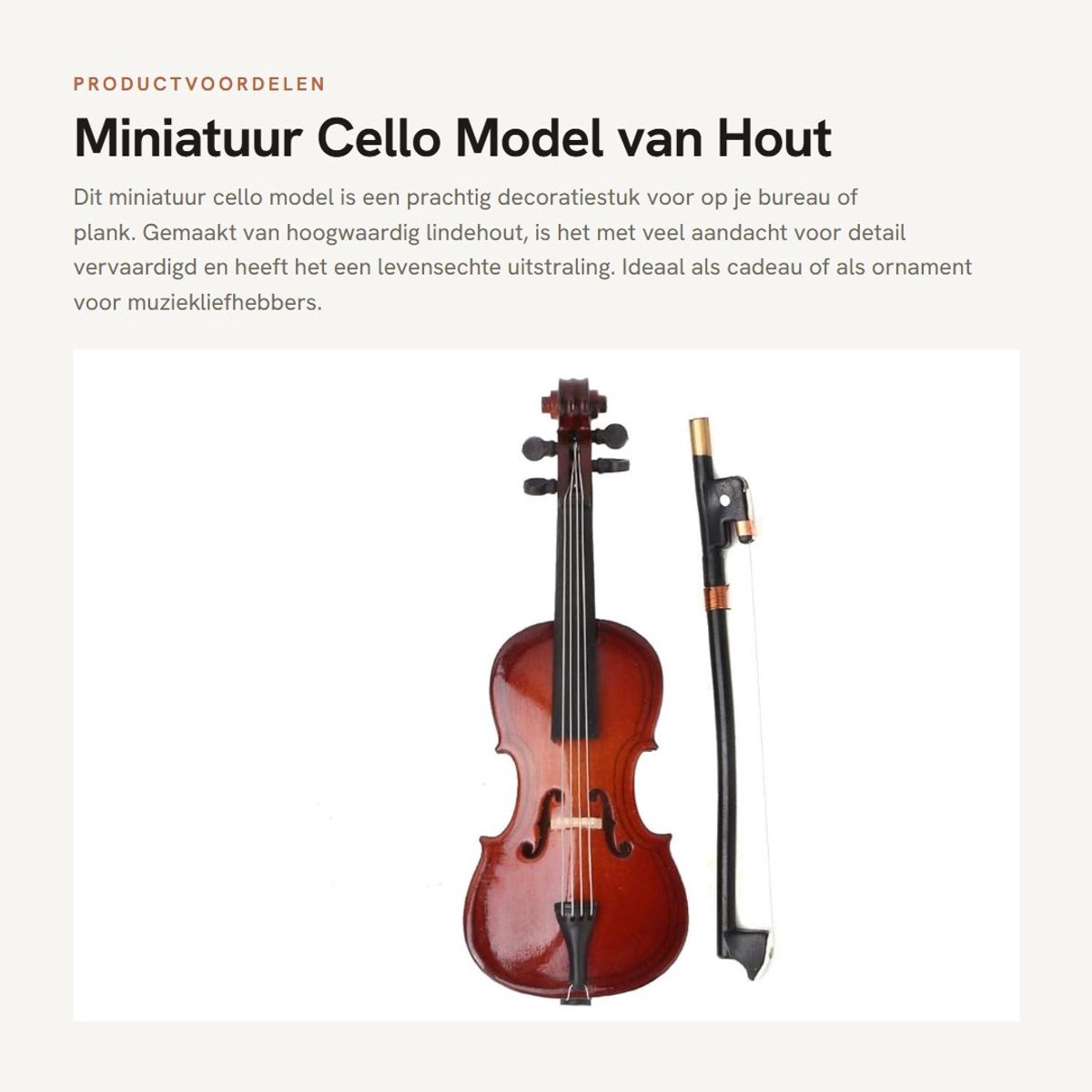 Dailygoods- Miniatuur Cello 10 cm - Houten Muziekmodel - Decoratie Bureau - Geschenkverpakking - Handgemaakt - Duurzaam Lindenhout