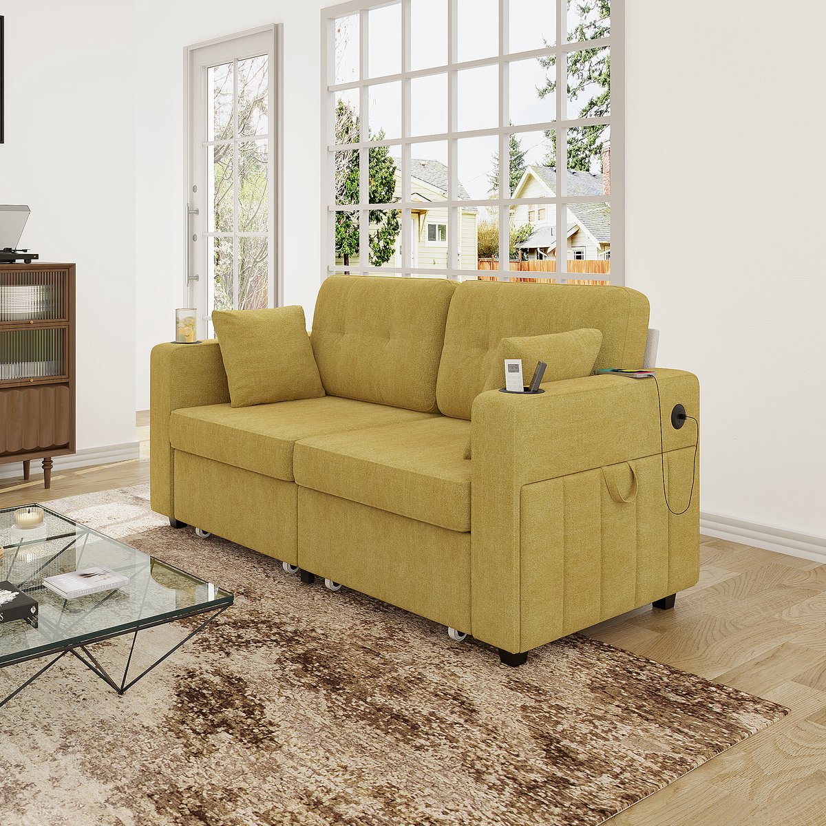 DESMIU Zitbank 172 Cm - 2-Zits Met Opberglades USB-Laadpoorten Bekerhouders En Zijvakken - Voor Woonkamer En Leeshoek - Chenille - Mosterdgeel