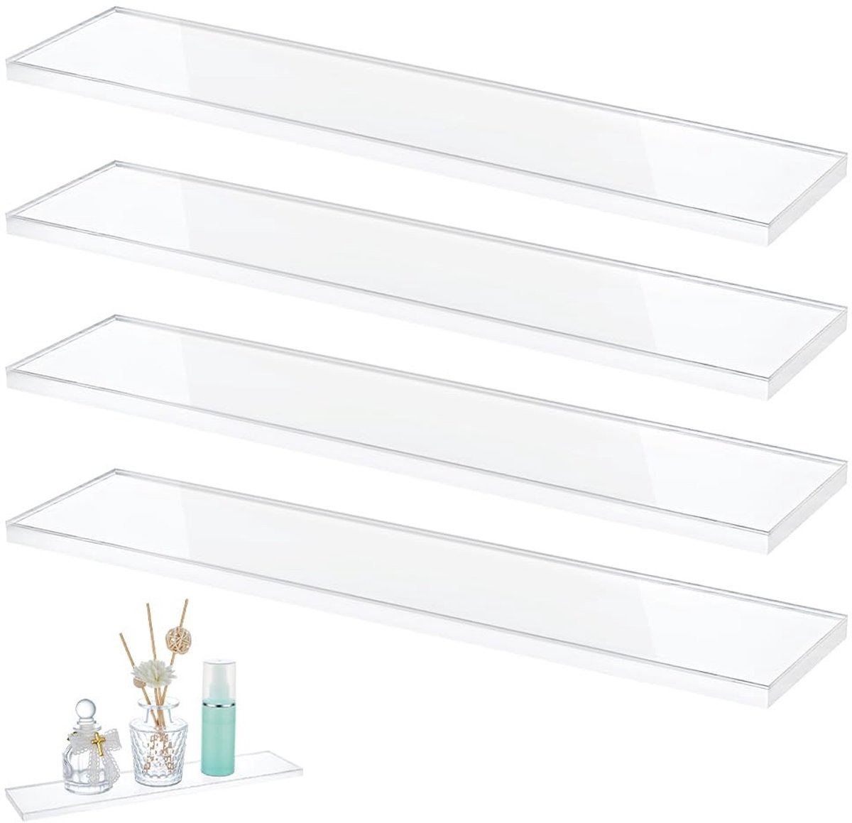 Dailygoods- Opbergplanken 4 Stuks - Transparant Acryl - Wandgemonteerde Planken - Organisatoren - Display Risers - 33 x 7,6 x 1 cm - Displayplanken