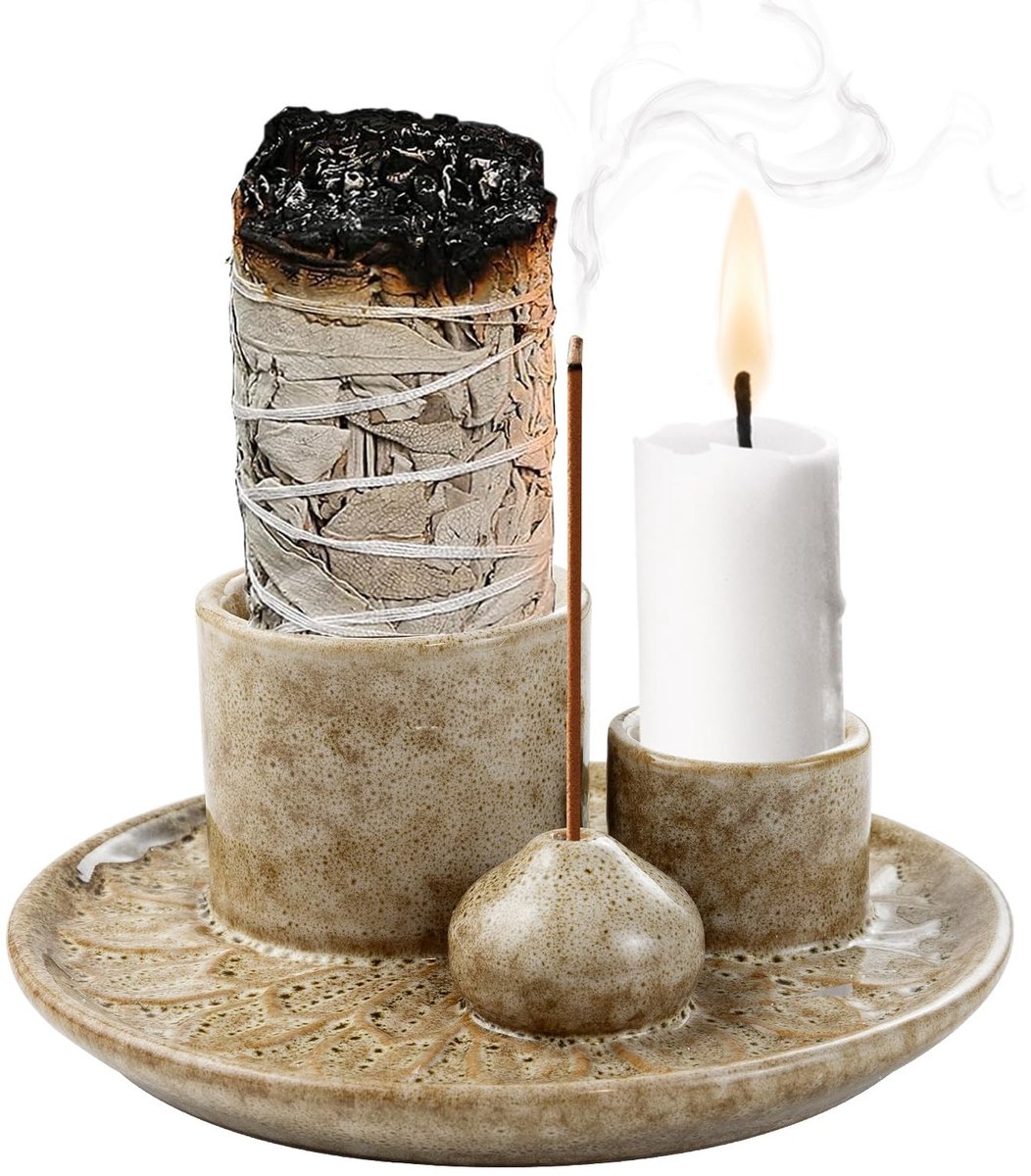 Dailygoods - 4-in-1 wierookschaal, wierookstokjeshouder, wierookstokjeshouder, keramiek, kaarsenhouder, voor elk rookwerk, wierookstokjes, witte salie