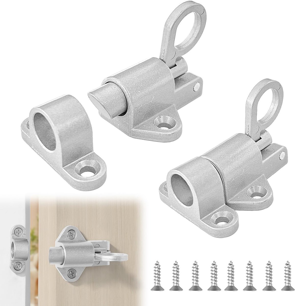 Dailygoods - Automatische deursluiting 2 stuks, schuifslot met veren en schroeven voor ramen, kasten, tuinhek, dierenhok, balkon/houten deur (zilver)
