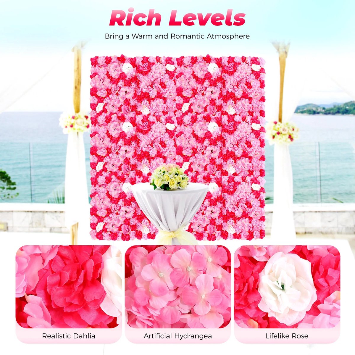 Dailygoods 12 stuks roosrood donkerroze Dahlia roos hortensia panelen, bloemenwand, kunstbloemenwand, zijden plastic ach