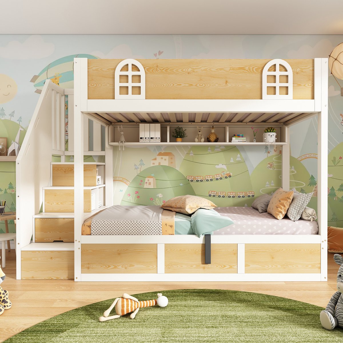 MEUNIQ stapelbed 90x200 cm voor kinderen met trapkast, opbergruimte, veiligheidshek en lattenbodem, wit en naturel, kinderbed voor kinderkamer