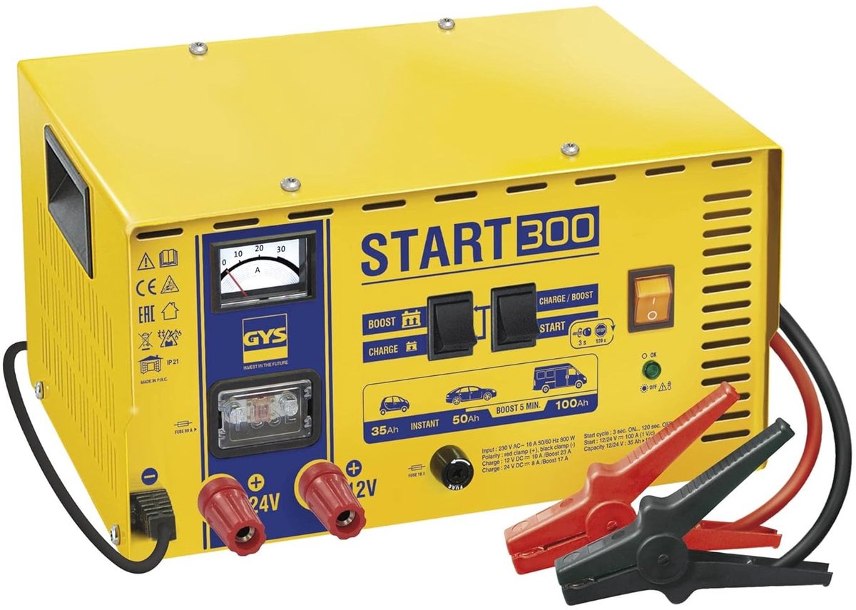 Acculader en Startbooster - Voertuig Batterij - Voertuigen Starten - Voor Diep Ontladen Batterijen - 300 Ampère - Grijs