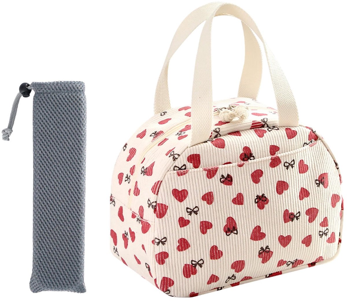 Dailygoods- Koeltas Geïsoleerd - Lunchbox - Bestekzak - Corduroy - 25 x 13 x 15 cm - Beige met Bloemen/Ruitpatroon