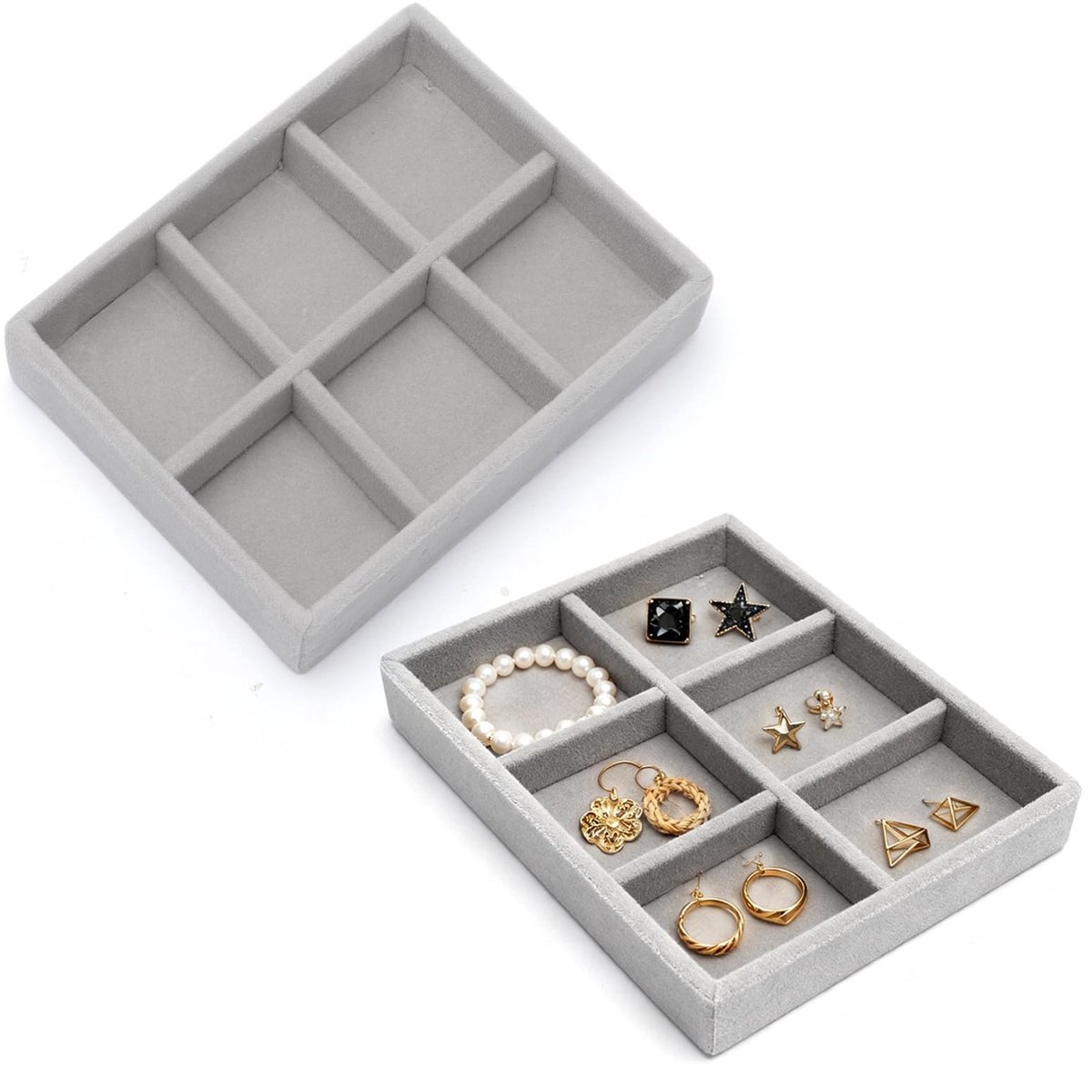 Dailygoods- Sieradendienblad Klein - Sieradenorganizer - Fluwelen Inzetstuk - 6 Vakken - Mini - Grijs - Sieradenopberger