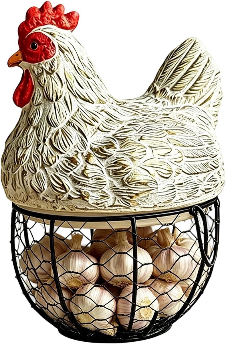 Eieropbergmand - Keukenhouder - Keuken organiseren - Vintage kippenontwerp - 20x8x20 cm - Wit