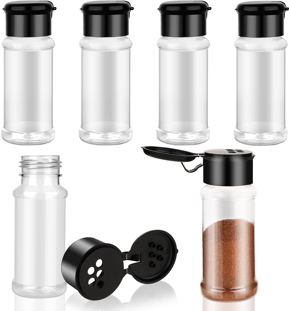 Kruidenpotjes Set - Transparant met Zwarte Deksels - 6 x 100 ml - Voedselveilige Kunststof Organizers - Voor Keuken en Camping