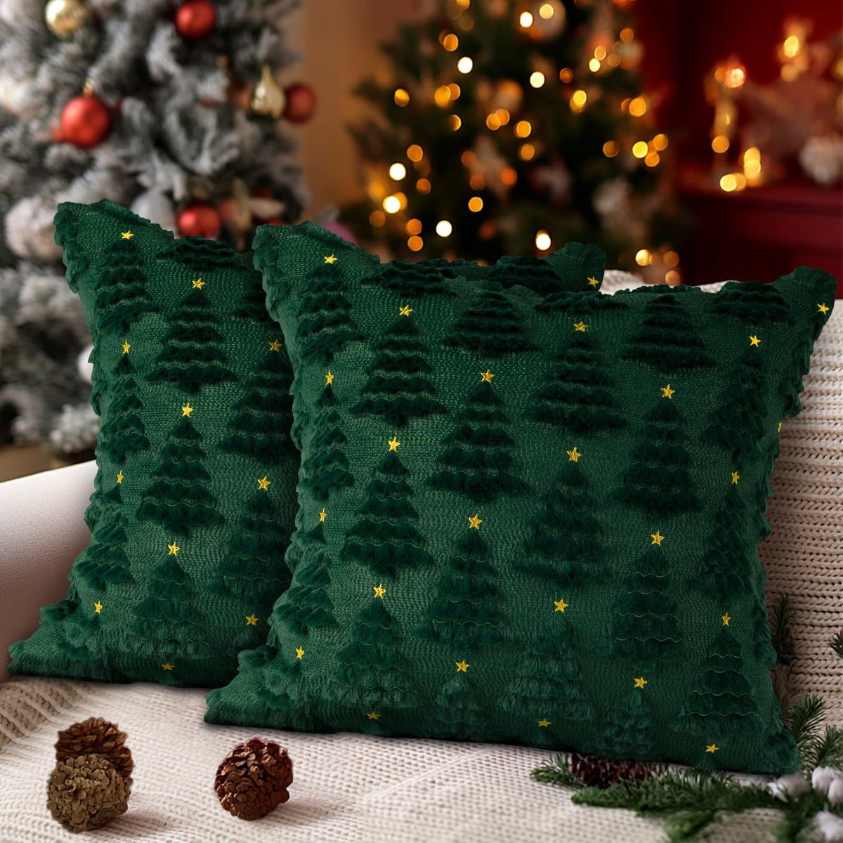 Dailygoods- Sierkussen Slopen Set van 2 - Kerst 12 x 12 cm - Zacht Pluche - Kunstbont - Winterster/Kerstboom - Feestelijk Ontwerp - Kussenhoezen