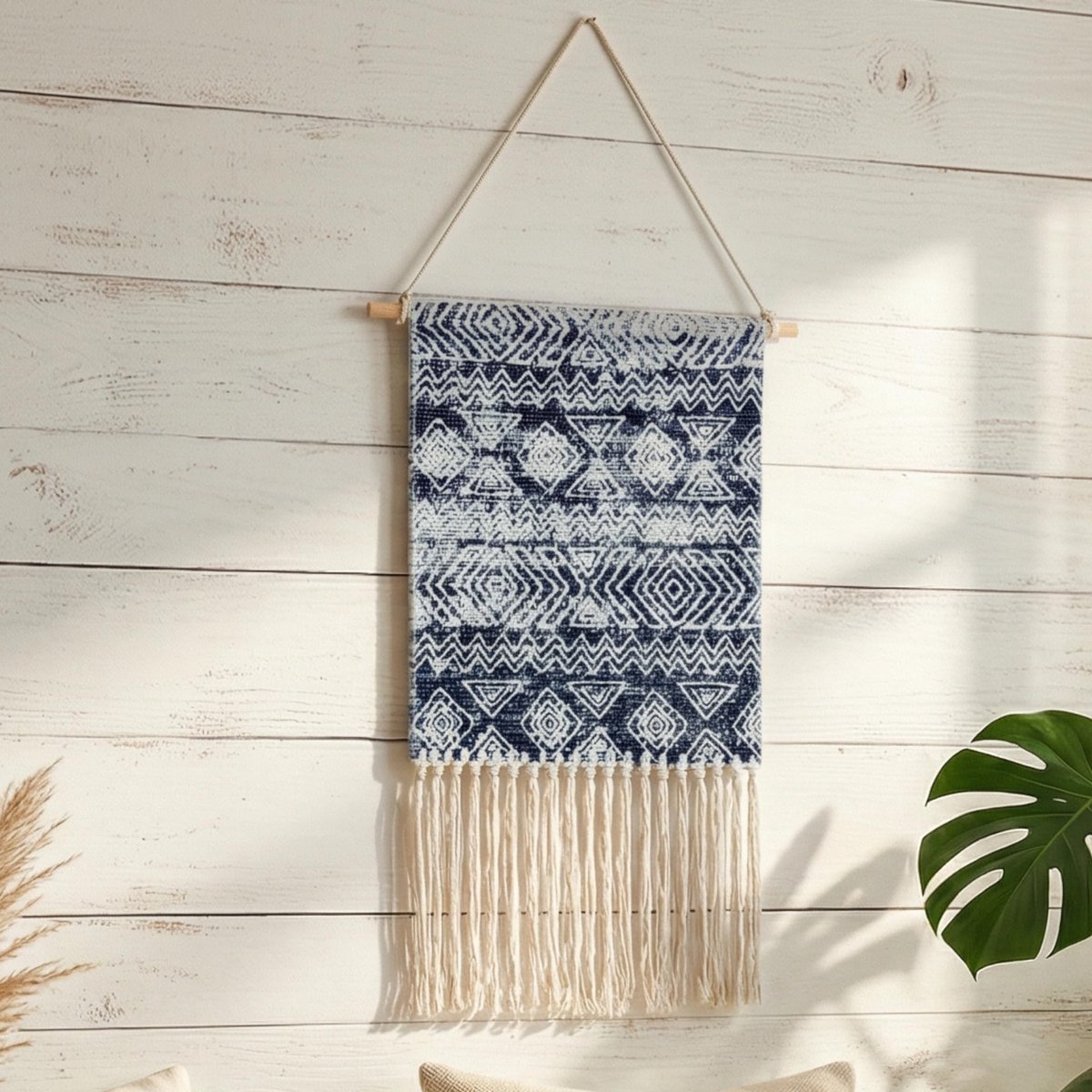 Dailygoods- Wandtapijt Boho - Wanddecoratie met franjes - Etnisch design - 37 cm hoog - 30 cm breed - Houten stang 40 cm
